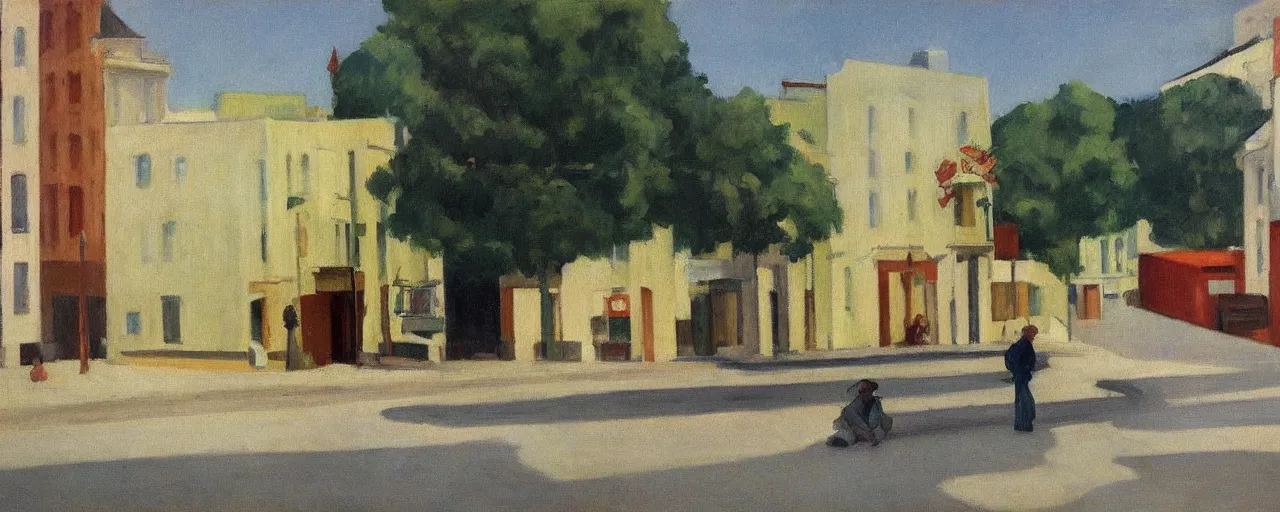 Prompt: an edward hopper style painting of a ( ( ( ( ( ( ( ( miskolc, a city in northeastern hungary ) ) ) ) ) ) ) ), late - spring, may of 1 9 4 8