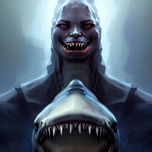 Image similar to professional ominous concept art portrait of a shark - human chimera character by artgerm and greg rutkowski. an intricate, elegant, highly detailed digital painting, concept art, smooth, sharp focus, illustration, in the style of simon stalenhag, wayne barlowe, and igor kieryluk.