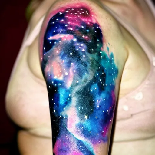 Image similar to A galaxy wolf shaped nebula watercolor tattoo, highly detailed,