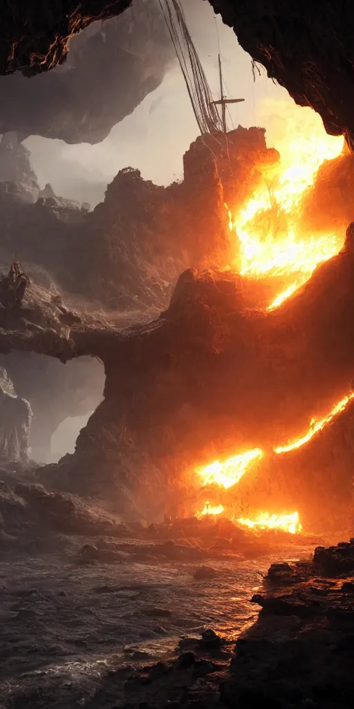 Prompt: Neil Blomkamp movie shot of a cave with a sinking pirate ship, masts and sails in fire, thick smoke, sunlight is coming from a hole above, very detailed, 8k, concept art