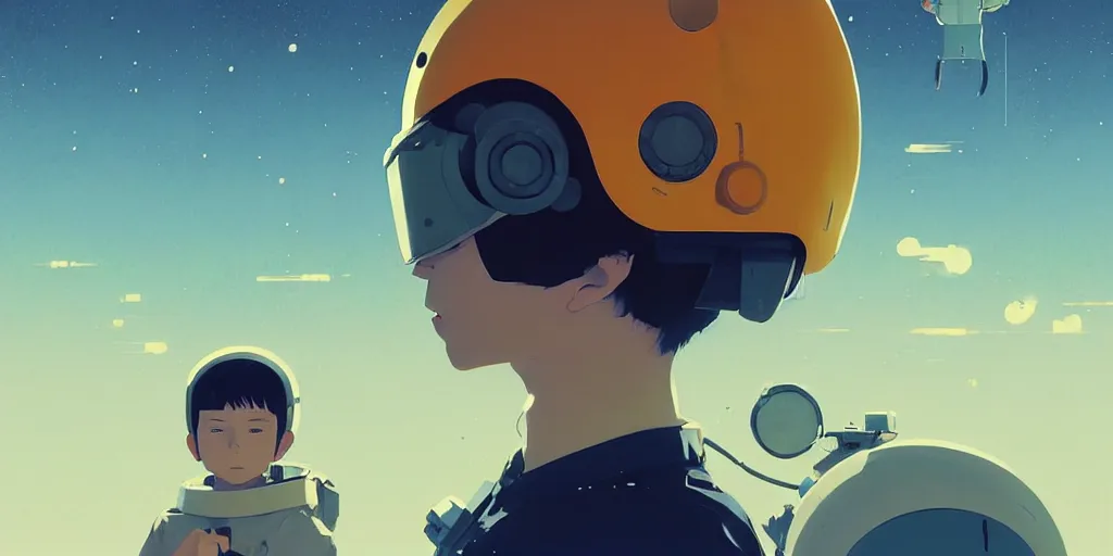 Image similar to 3 d portrait of a boy with astronaut helmets by ilya kuvshinov, cloudy sky background lush landscape ln illustration concept art anime key visual trending pixiv by victo ngai fanbox by greg rutkowski makoto shinkai takashi takeuchi studio ghibli