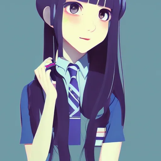 Image similar to urban school girl in shirt fanart, dark blue long hair, muted colors, matte print, pastel colors, ornate, digital art, cute smile, digital painting, fan art, elegant, pixiv, by Ilya Kuvshinov, by Studio Ghibli