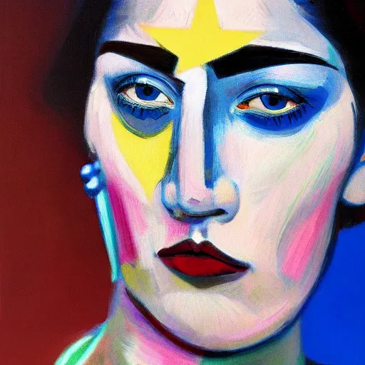 Prompt: intricate five star high octane lady portrait by pablo picasso, oil on canvas, hdr, high detail, photo realistic, hyperrealism, matte finish, high contrast, 3 d depth, centered, masterpiece, vivid and vibrant colors, enhanced light effect, enhanced eye detail, artstationhd