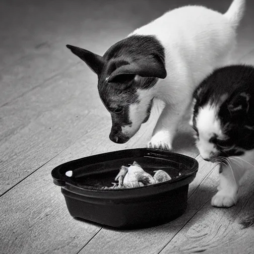 Image similar to black and white photography of a puppie giving some food to baby cat, animal photography, award winning photography by Leonardo Espina