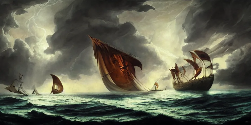 Image similar to Odysseus's ship sailing past a sea serpent, by Rolf Armstrong and Evelyn De Morgan and Bastien Lecouffe-Deharme, dramatic lighting, high contrast colors, baroque, empyrean, panoramic view, as trending on Artstation, highly detailed, doom engine,