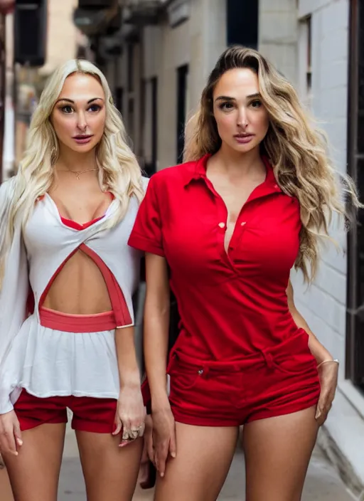 Image similar to portrait of lindsey pelas and gal gadot wearing low cut red shirt with shorts on the street, by charlotte grimm, natural light, detailed face, beautiful features, symmetrical, canon eos c 3 0 0, ƒ 1. 8, 3 5 mm, 8 k, medium - format print, half body shot