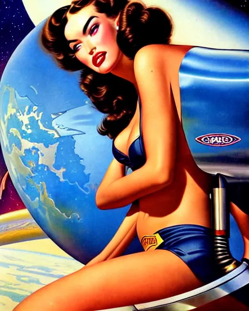 Image similar to closeup beautiful retro space megan fox varga girl, posing on a chrome space ship in diesel punk city, windblown dark hair, seductive, hyper detailed, digital art, smooth, sharp focus, gil elvgren, anna dittmann alberto vargas, 1 9 5 0, when mars attacks