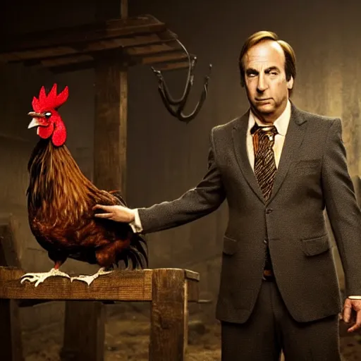 Image similar to saul goodman and a rooster in a medieval torture chamber, saw blades and knives in the background, horror movie, saul goodman, rooster!!!!, real life photo, highly detailed face