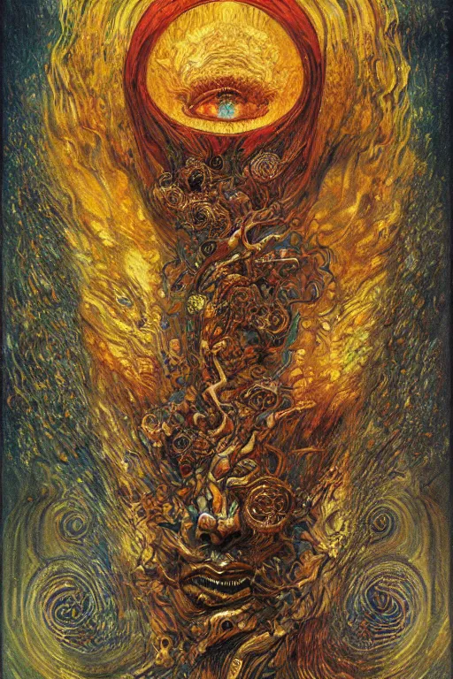 Image similar to Visions of Hell by Karol Bak, Jean Deville, Gustav Klimt, and Vincent Van Gogh, infernal, visionary, otherworldly, fractal structures, ornate gilded medieval icon, third eye, hellfire, spirals