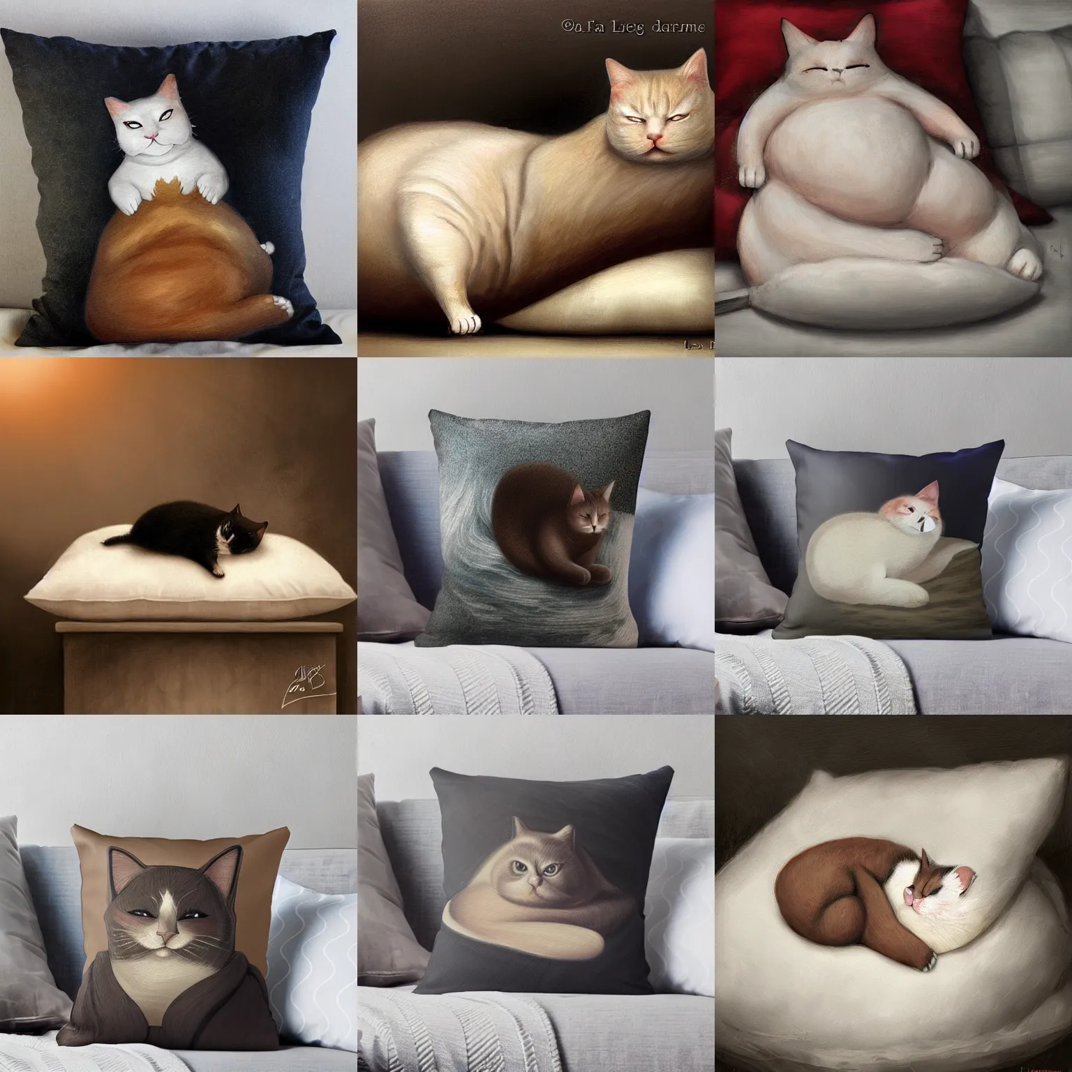 Prompt: a fat cat sleeping on a pillow by lise deharme