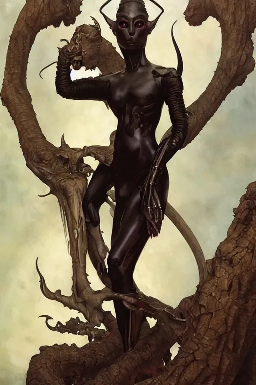 Prompt: a fashion editorial of a shaved black tiefling alien with scaled skin meditating. she is wearing a tactical suit and has many body modifications. by tom bagshaw, donato giancola, hans holbein, walton ford, gaston bussiere, brian froud, peter mohrbacher and magali villeneuve. 8 k, fashion editorial, cgsociety