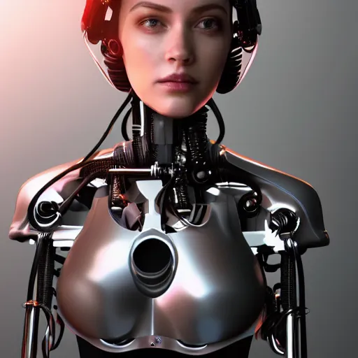 Image similar to a beautiful woman wearing robot suit with wires and light, highly detailed, photorealistic, artstation, smooth