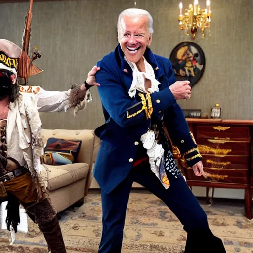 Prompt: Joe Biden dressed up as a scurvy and mean spirited pirate with raggy pirate captain clothes.