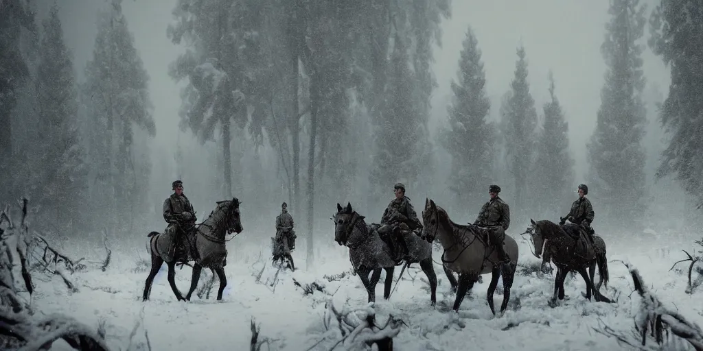 Prompt: a cinematic movie still render of ww 2 1 9 4 3 soldiers on horse back in a snowy forest of dead trees, snow covered ww 2 soldiers riding horses through a snow storm in a forest, octane render by greg rutkowski, digital render