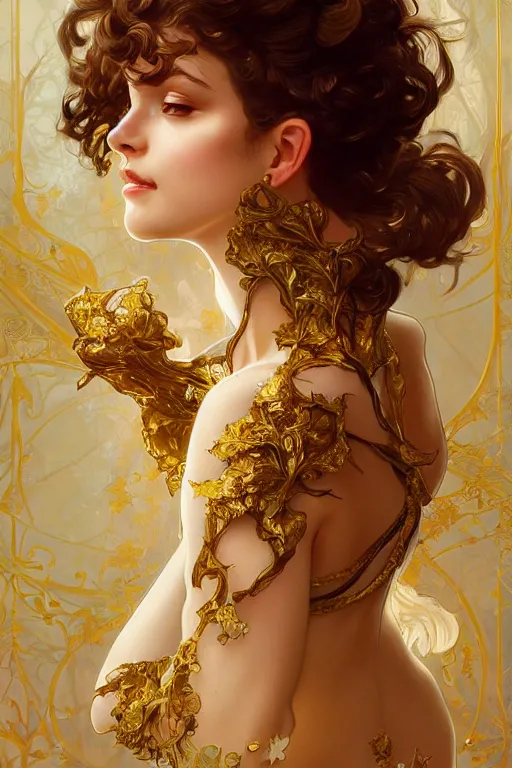 Image similar to a photograpic portrait of a pretty woman, rococo, gold, fantasy, intricate, elegant, highly detailed, digital painting, artstation, concept art, smooth, sharp focus, illustration, art by artgerm and greg rutkowski and alphonse mucha
