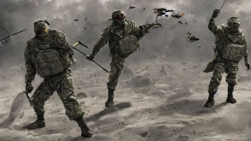 Image similar to two futuristic soldiers fighting giant bugs