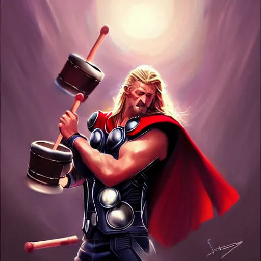 Image similar to thor playing the bongos, comic style by guweiz and stanley artgerm, extremely high quality artwork, very detailed, trending on artstation