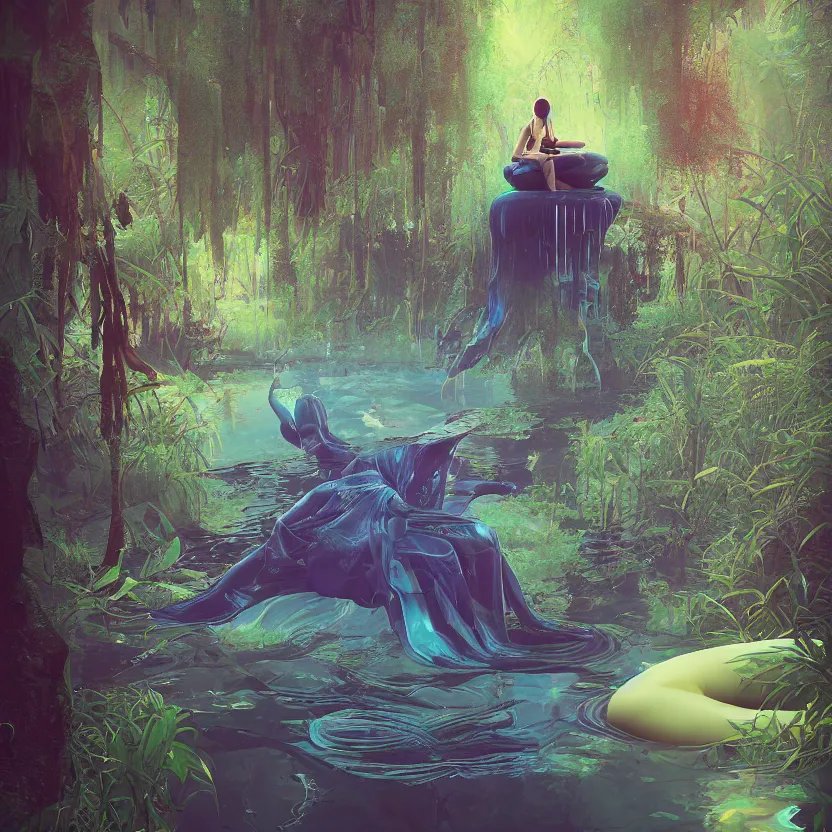 Image similar to tranquil queen submerging wisdom in the ecosystem acrylic painting by Beeple and CGSociety