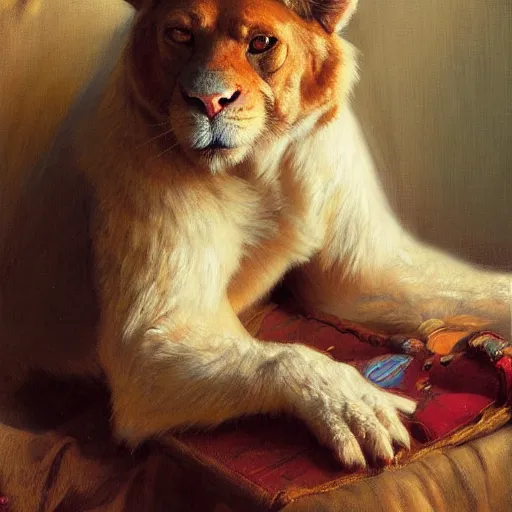 Prompt: a portrait of an animal wearing a shirt and sitting in bed. highly detailed painting by gaston bussiere, craig mullins, j. c. leyendecker, furry