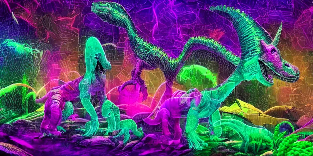 Prompt: spectral purple neon dinosaur, spectral neon pink dinosaur, spectral yellow neon dinosaur, green jungle background, detailed, ultrawide landscape