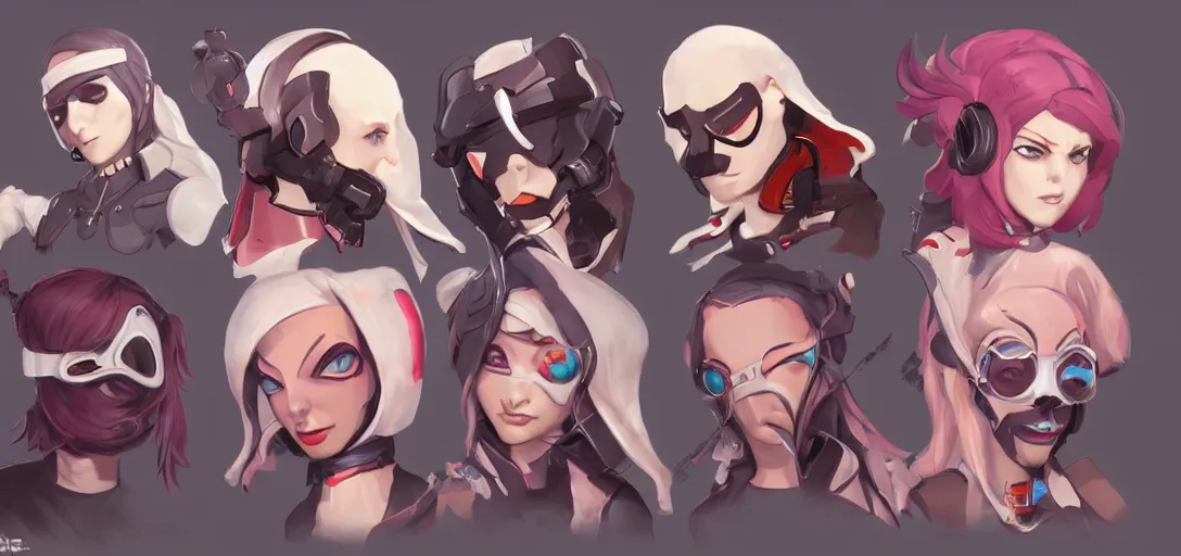 Prompt: concept art of female video game characters head designs, goth, disgaea, flcl, overwatch, by marc brunet and artgerm