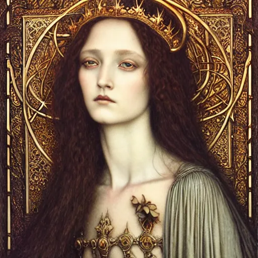 Prompt: detailed realistic beautiful young medieval queen face portrait by jean delville, tom bagshaw, brooke shaden, gustave dore and marco mazzoni, art nouveau, symbolist, visionary, gothic, pre - raphaelite, ornate gilded medieval icon, surreality, ethereal, unearthly