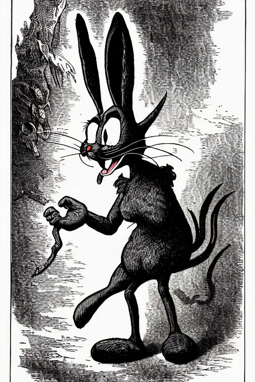 Prompt: bugs bunny, as a demon from the dictionarre infernal, pen - and - ink illustration, etching by louis le breton, 1 8 6 9, 1 2 0 0 dpi scan, ultrasharp detail, hq scan, intricate details, stylized border