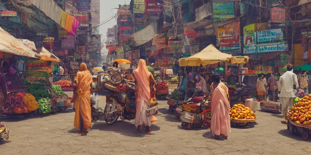 Prompt: A beautiful, surreal, India in a cyberpunk futuristic setting, people haggling with street vendors, ladies buying vegetables, full of details, hyper realistic, trending on artstation, 8K, HD