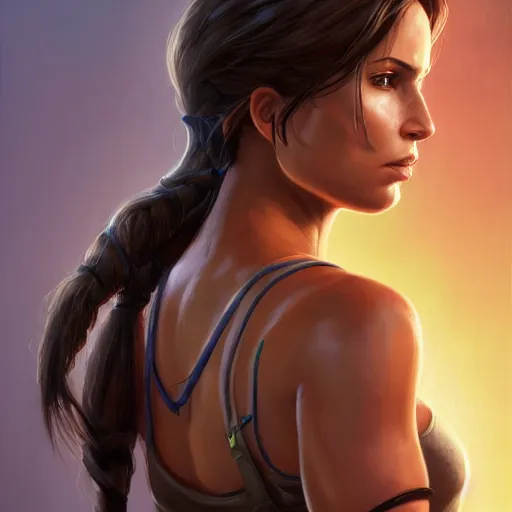 Image similar to Portrait Lara Croft wearing a blue skater dress, Tomb Raider, Alicia Vikander, beautiful, 4k oil on linen by wlop, artgerm, andrei riabovitchev, nuri iyem, james gurney, james jean, greg rutkowski, highly detailed, soft lighting 8k resolution