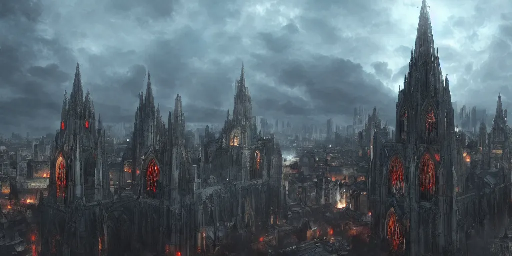 Image similar to a giant cathedral towering above the city, medieval, fantasy apocalypse, digital art, mmo, 4 k,