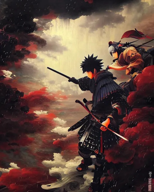 Image similar to baroque oil painting of key visual great samurai war, many warriors, rain, storm, final fantasy, fake detail, trending pixiv fanbox, acrylic palette knife, style of makoto shinkai takashi takeuchi yoshiyuki sadamoto greg rutkowski chiho aoshima