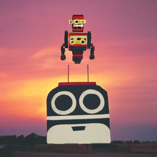 Prompt: kodak photograph, sunset, giant robot made of salami with a face of arnold