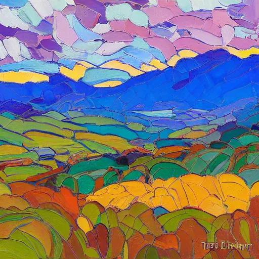 Image similar to autumnal scottish valley view with snowy mountains in the background and piercing blue sky with citrus clouds by erin hanson and tyler edlin