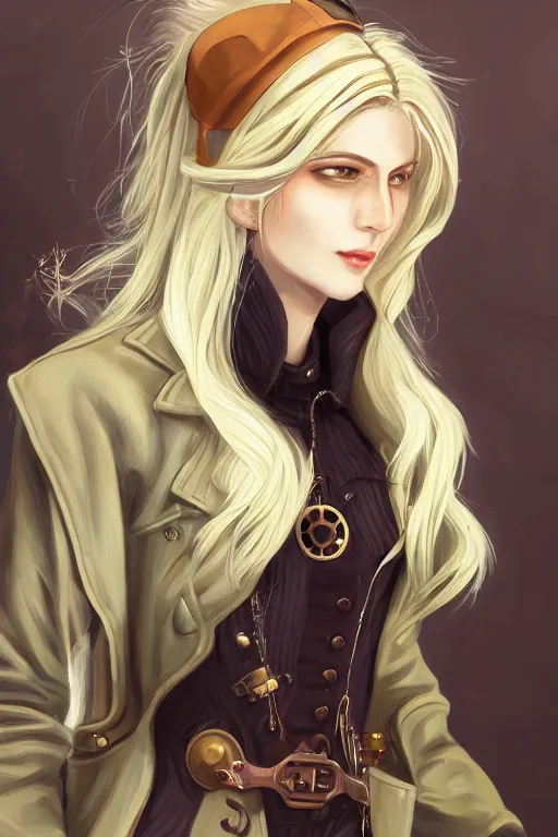 Prompt: a detective woman with blonde hair wearing a coat, a detailed painting by pu hua, trending on artstation, steampunk art, artstation hd, detailed painting, anime aesthetic