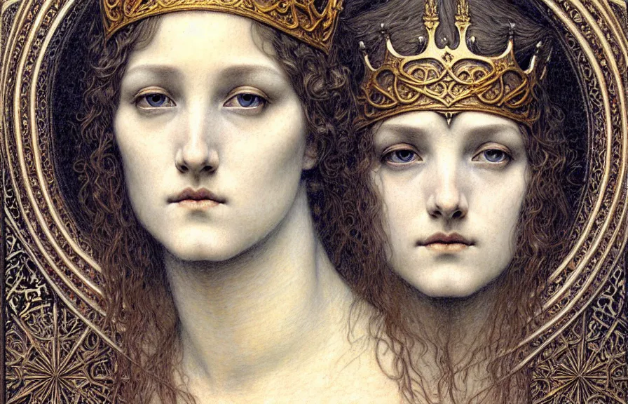 Image similar to detailed realistic beautiful young medieval queen face portrait by jean delville, gustave dore and marco mazzoni, art nouveau, symbolist, visionary, gothic, pre - raphaelite. horizontal symmetry