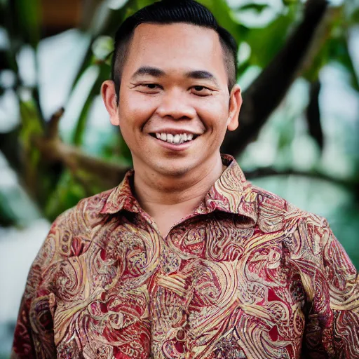 Image similar to A Photo Portrait of Joe Wearing Indonesian Batik Tulis at a fancy Balinese restaurant, award winning photography, sigma 85mm Lens F/1.4, blurred background, perfect faces