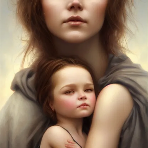 Image similar to pure love is patient love is kind, mother and child ; photorealistic oil painting by charlie bowater and mark brooks ; highly detailed cute faces by wlop ; trending on artstation ; 8 k high resolution, symmetrical, cinematic, high coherence, golden ratio, rule of thirds, perfectly centered anatomically accurate portraits