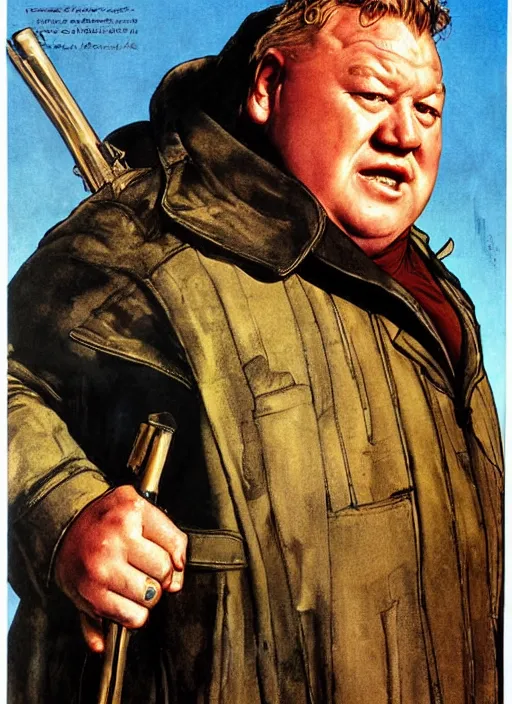 Prompt: full body and head portrait of ray winstone as baron vladimir harkonnen in dune 1982 wearing a long leather trench coat, by norman rockwell and jason fabok and tom lovell and frank schoonover and dean cornwell