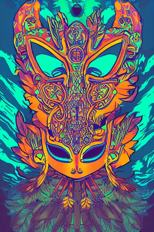 Image similar to animal mask totem roots flower tribal feather gemstone plant wood rock shaman vodoo video game vector cutout illustration vivid multicolor borderlands comics by josan gonzales and dan mumford radiating a glowing aura