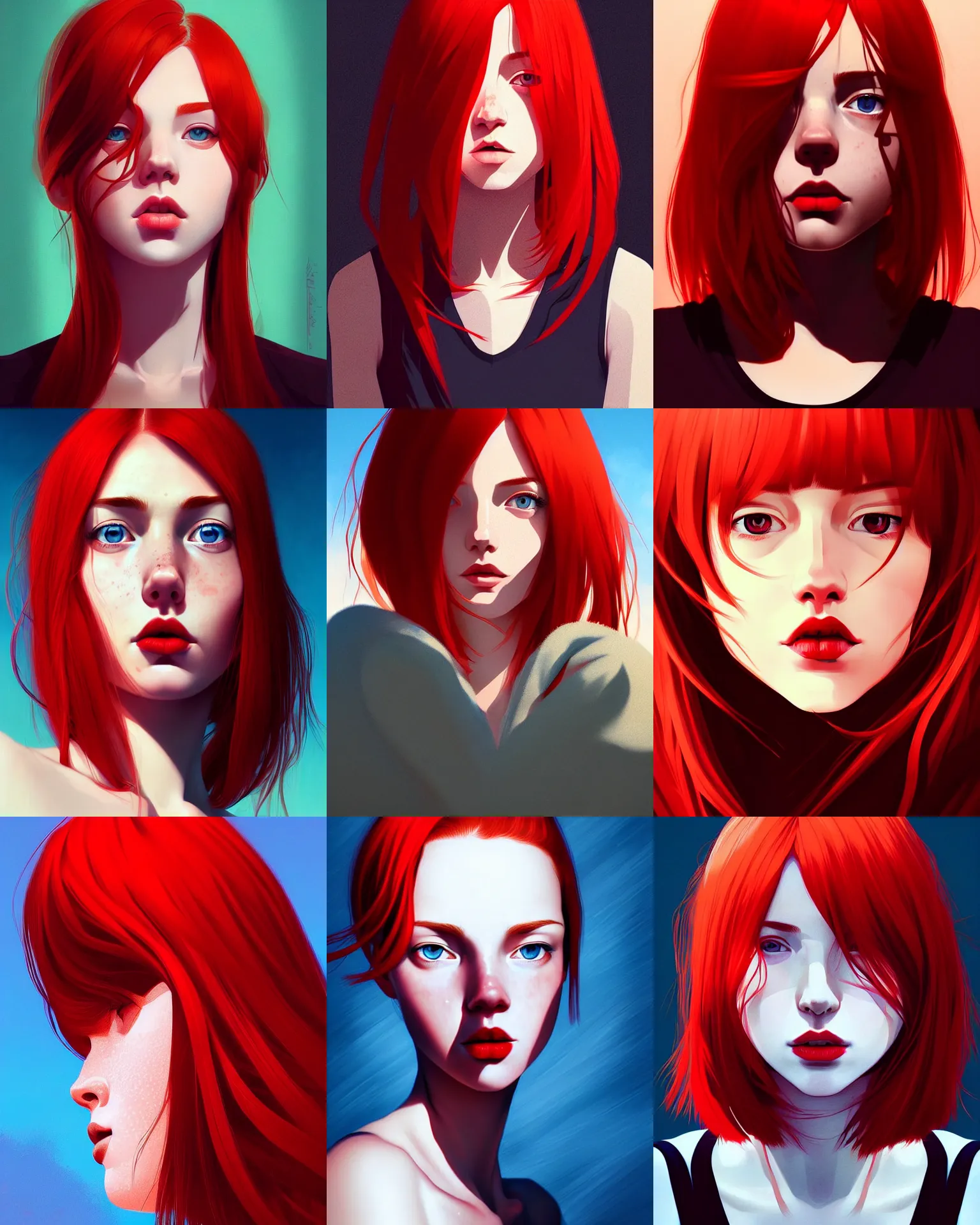 Prompt: a detailed portrait of a mesmerizing!!!! woman with red hair and freckles by ilya kuvshinov, digital art, dramatic lighting, dramatic angle