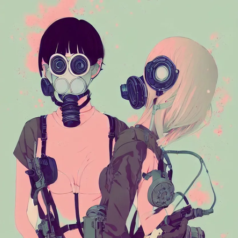 Image similar to singular girl with wearing gas mask, very anime!!! anime!! intricate details, aesthetically pleasing pastel colors, poster background, art by conrad roset and ilya kuvshinov