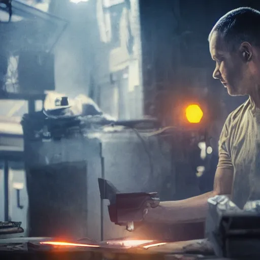 Image similar to augmented human repairing old yellow casette deck, dark messy smoke - filled cluttered workshop, sparks, dark, dramatic lighting, orange tint, cinematic, highly detailed, sci - fi, futuristic, movie still from blade runner