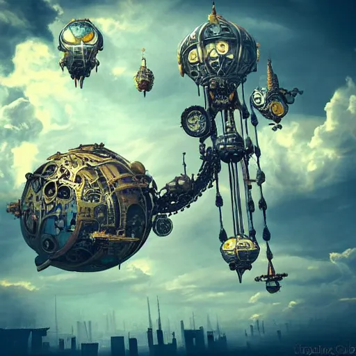 Prompt: flying city in a mechanical flower, sky, steampunk!, fantasy art, steampunk, masterpiece, octane