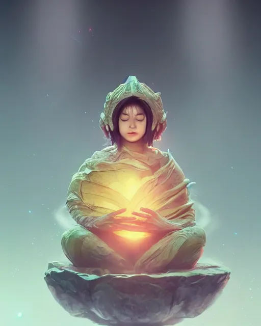 Image similar to a tiny creature floating while meditating and wrapped in sacred scrolls, smooth, intricate, elegant, digital painting, artstation, concept art, sharp focus, octane render, illustration, art by ayami kojima, apex legends character,