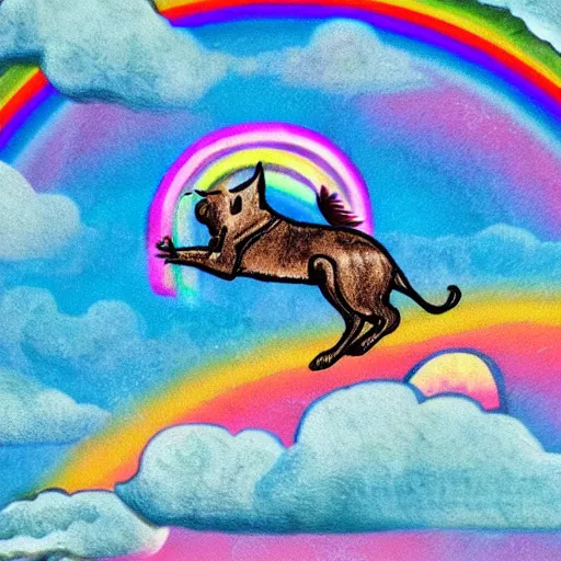 Image similar to old english sheet dog with a unicorn horn and wings flying in the sky with rainbows synthwave