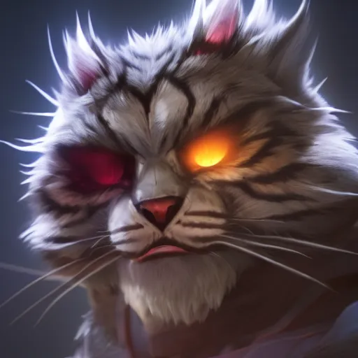 Image similar to rengar from league of legends, cinematic, 4 k, very detailed, beautiful rendering, realistic fur, cgtrader, artstation, global illumination, volumetric lighting, dramatic