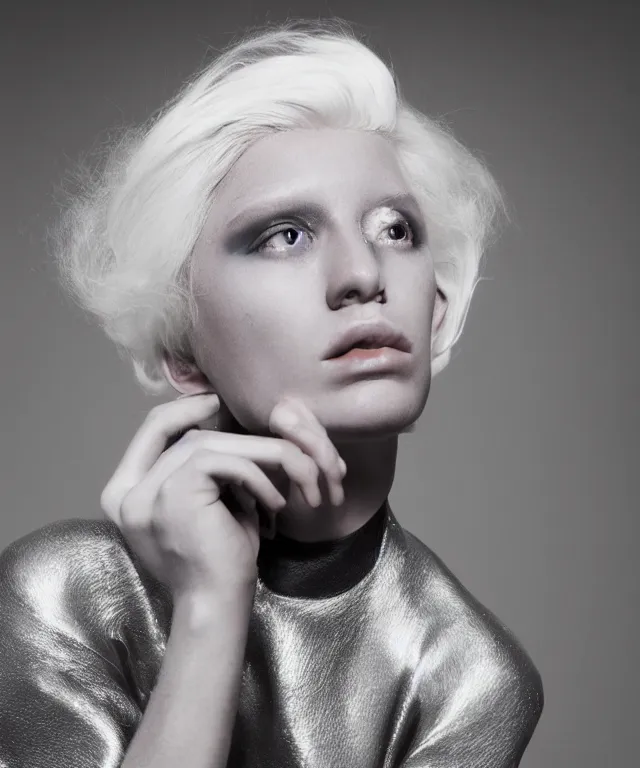 Image similar to a color photograph of a non binary model, platinum blonde, by thomas ruff, intense, bold, hyperrealistic, ultra sharp, extra details, ultra high quality, trending on pinteresst