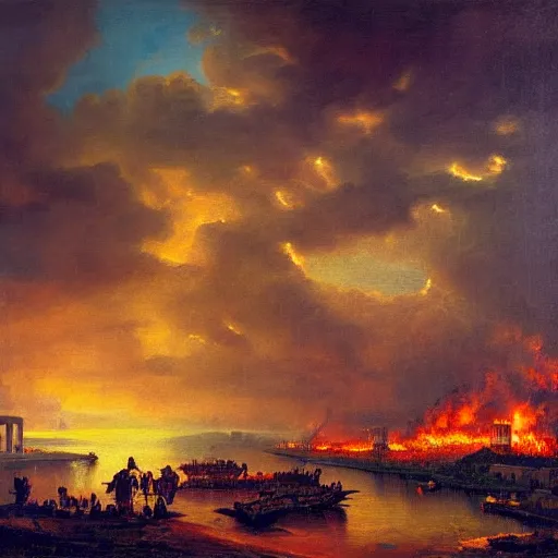 Image similar to ancient rome burning during heavy storm, thunder, sunset, beautiful, award winning, oil painting