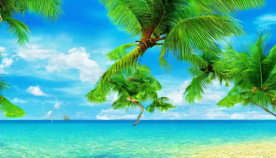 Image similar to a beautiful tropical beach with a stunning turquoise ocean in the background, digital art, highly detailed, realistic, bright colors, 8 k