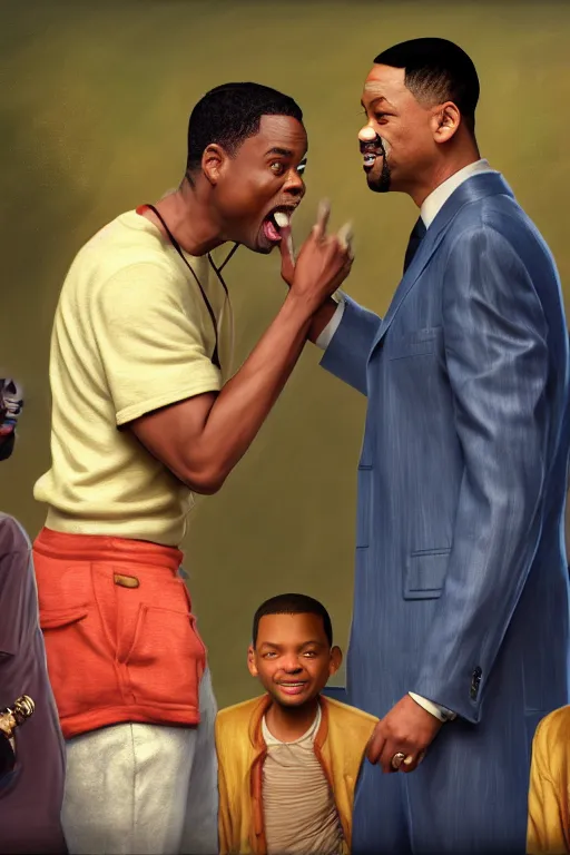 Prompt: Chris Rock Slapping Will Smith’s Face In Front of A- List Celebrities At A Midget Convention, illustration, soft lighting, soft details, painting oil on canvas by Edmund Blair Leighton and Charlie Bowater octane render, HDR, trending on artstation, 4k, 8k, HD